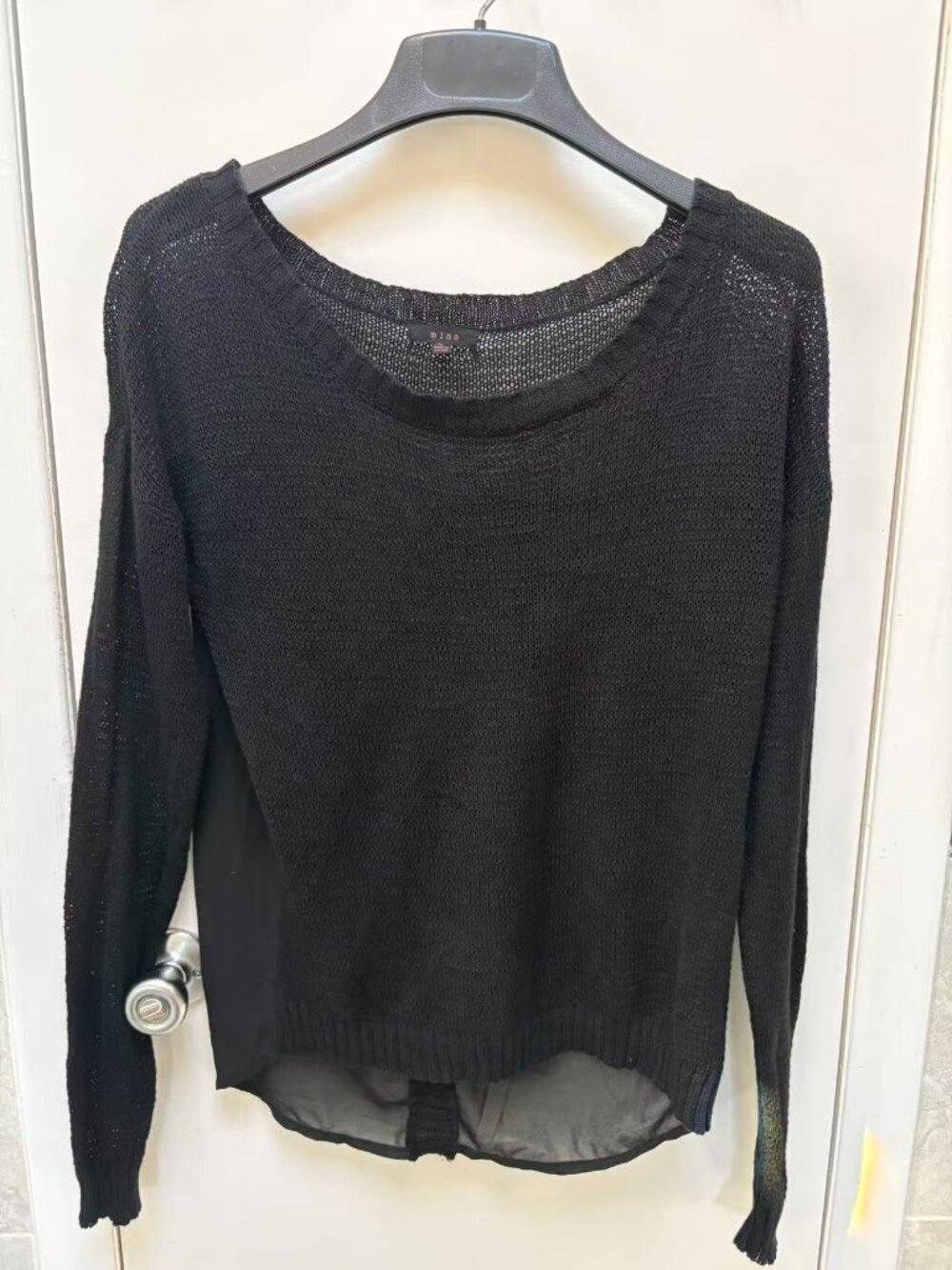 Women Size Medium Relaxed Fit Loose Black Knit Sweater Chiffon Patchwork Top
